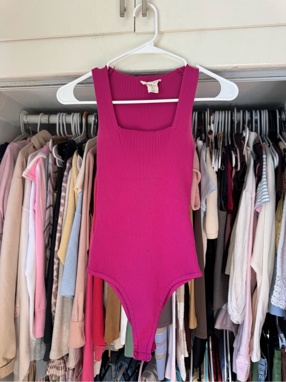 Ribbed Square-Neck Bodysuit in Fuchsia